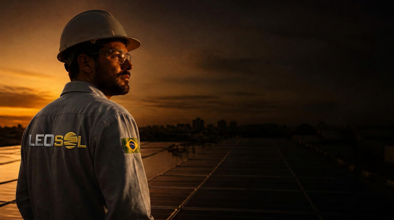 Técnico Leosol em usina solar ao entardecer